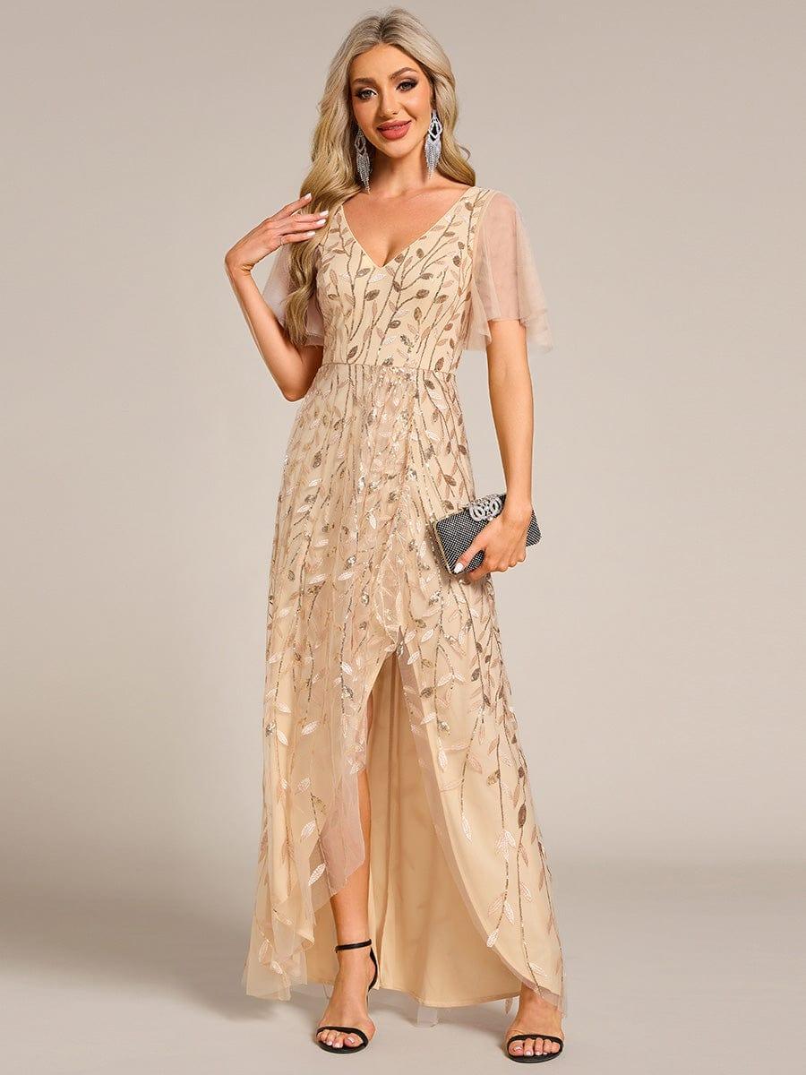 ever ALIX|Short Sleeves Sequin High Low V-Neck Midi Formal Wedding Guest Dress