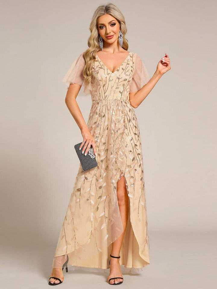 ever ALIX|Short Sleeves Sequin High Low V-Neck Midi Formal Wedding Guest Dress