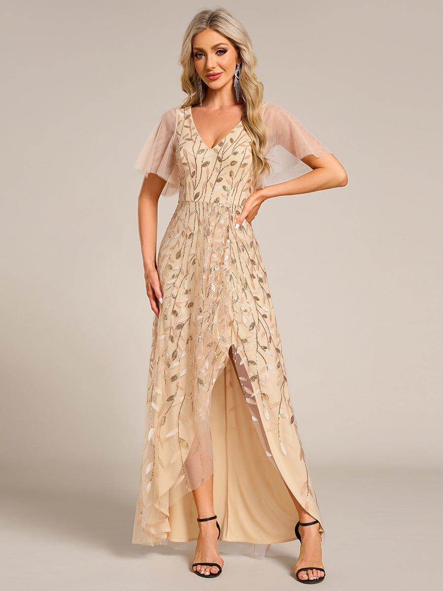 ever ALIX|Short Sleeves Sequin High Low V-Neck Midi Formal Wedding Guest Dress