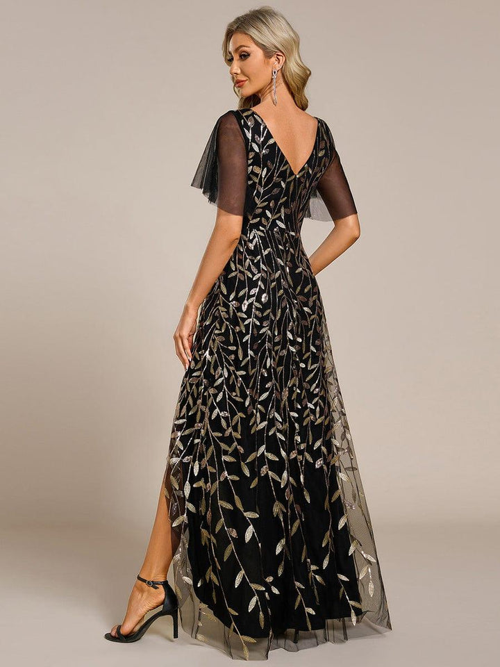ever ALIX|Short Sleeves Sequin High Low V-Neck Midi Formal Wedding Guest Dress