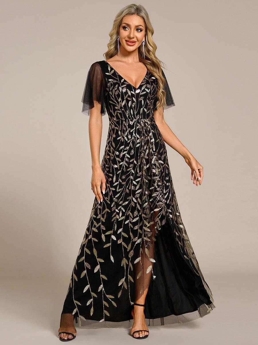 ever ALIX|Short Sleeves Sequin High Low V-Neck Midi Formal Wedding Guest Dress