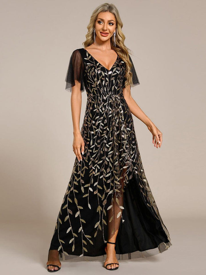 ever ALIX|Short Sleeves Sequin High Low V-Neck Midi Formal Wedding Guest Dress