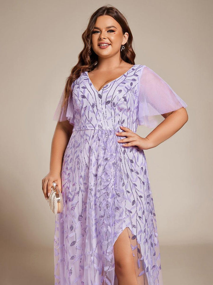 ever ALIX|Short Sleeves Sequin High Low V-Neck Midi Formal Wedding Guest Dress