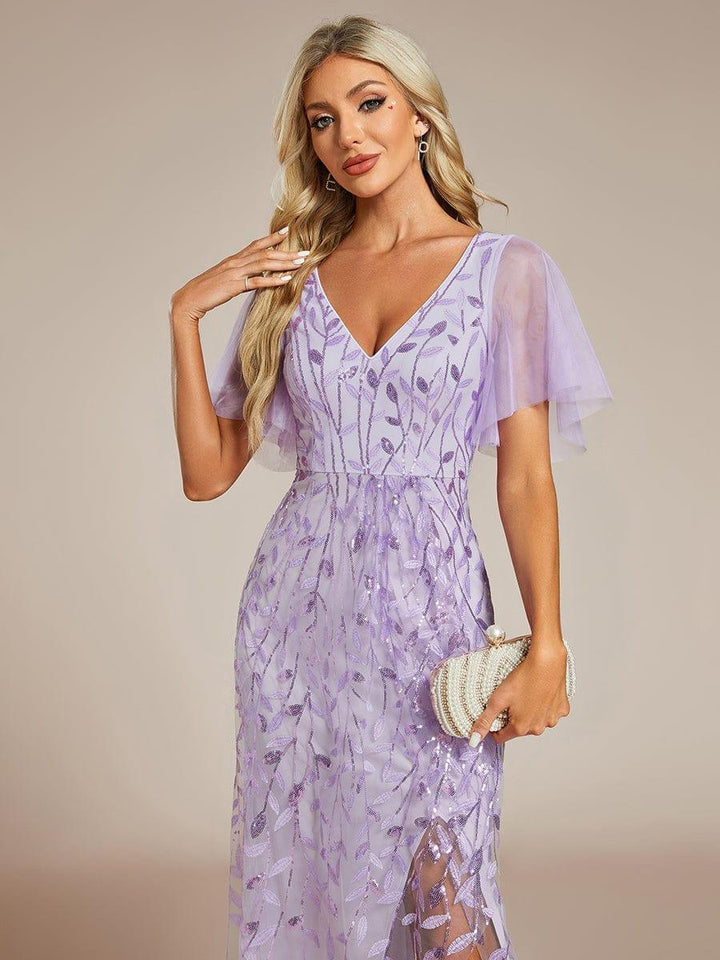 ever ALIX|Short Sleeves Sequin High Low V-Neck Midi Formal Wedding Guest Dress