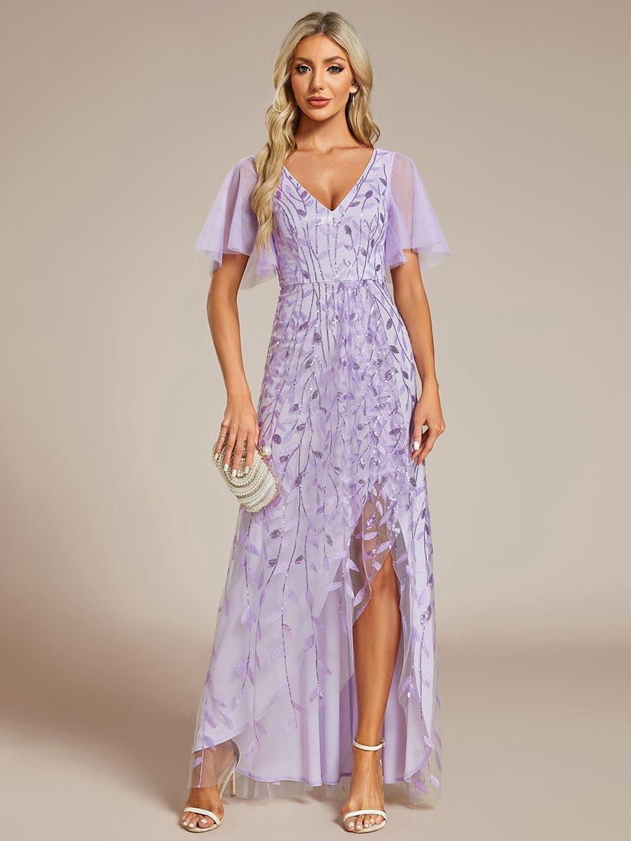ever ALIX|Short Sleeves Sequin High Low V-Neck Midi Formal Wedding Guest Dress