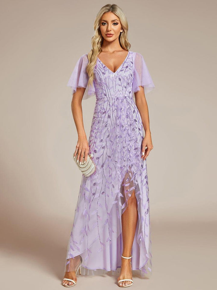 ever ALIX|Short Sleeves Sequin High Low V-Neck Midi Formal Wedding Guest Dress