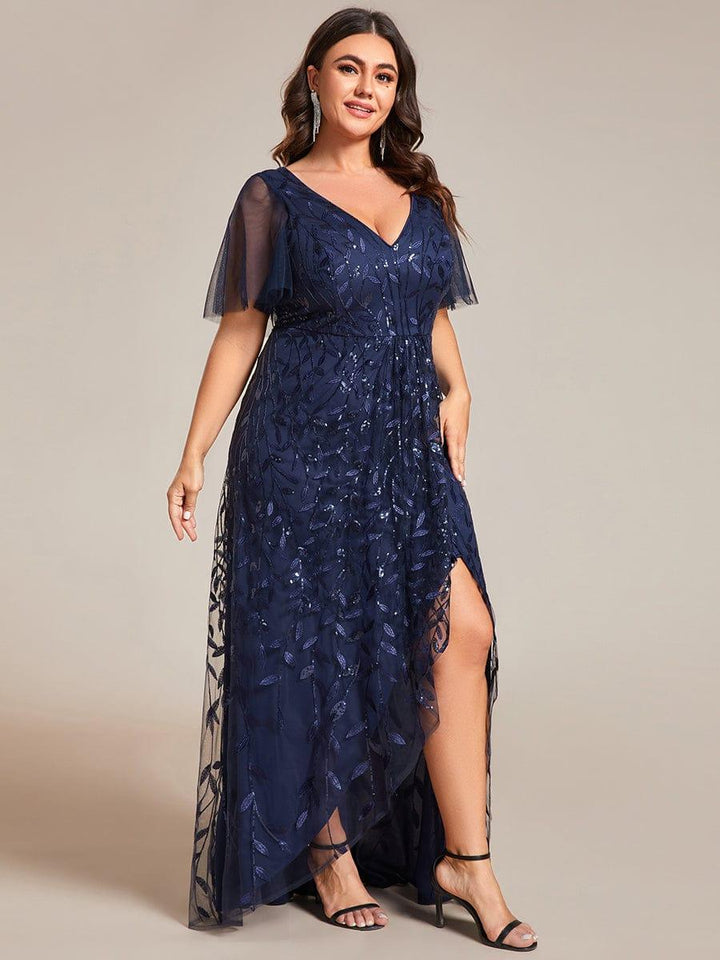 ever ALIX|Short Sleeves Sequin High Low V-Neck Midi Formal Wedding Guest Dress