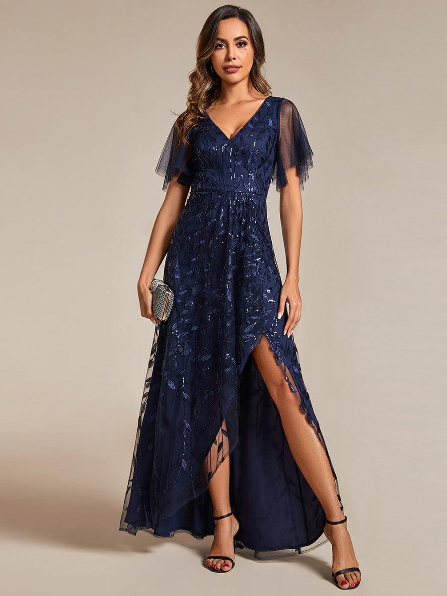 ever ALIX|Short Sleeves Sequin High Low V-Neck Midi Formal Wedding Guest Dress