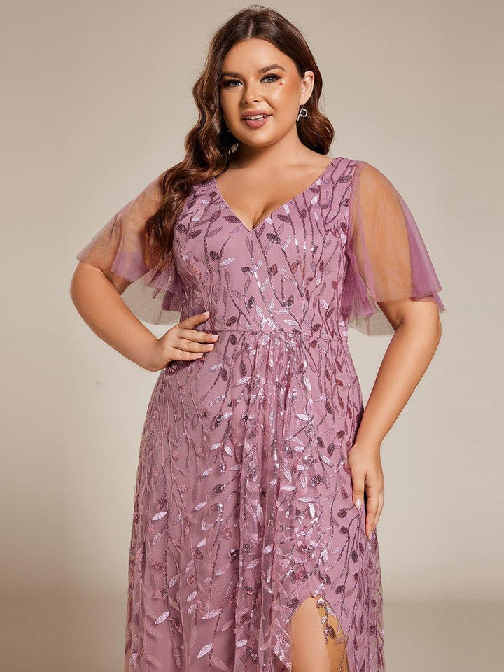 ever ALIX|Short Sleeves Sequin High Low V-Neck Midi Formal Wedding Guest Dress