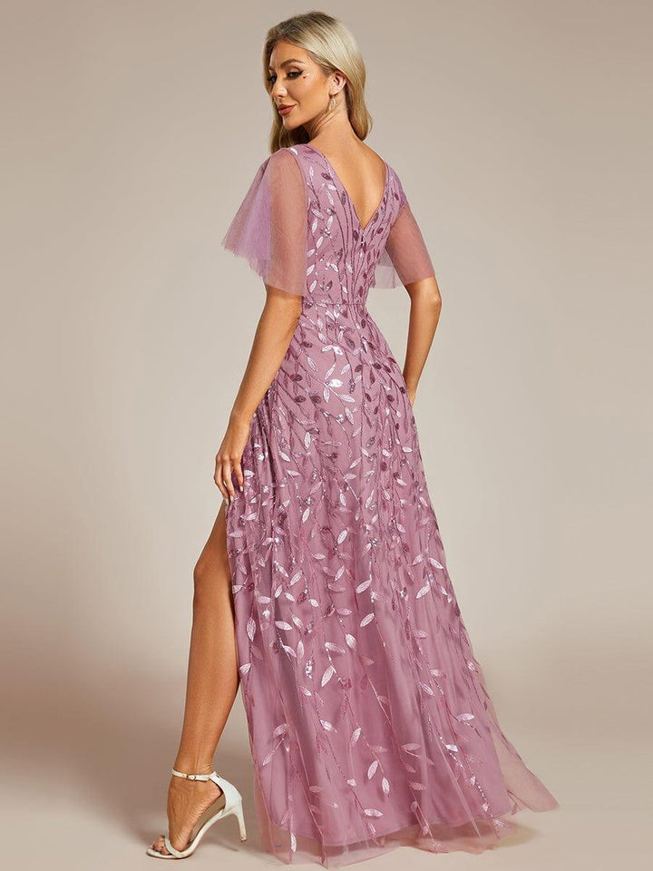 ever ALIX|Short Sleeves Sequin High Low V-Neck Midi Formal Wedding Guest Dress