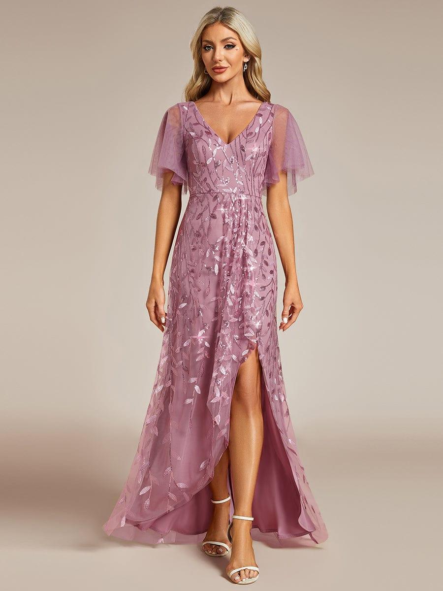 ever ALIX|Short Sleeves Sequin High Low V-Neck Midi Formal Wedding Guest Dress