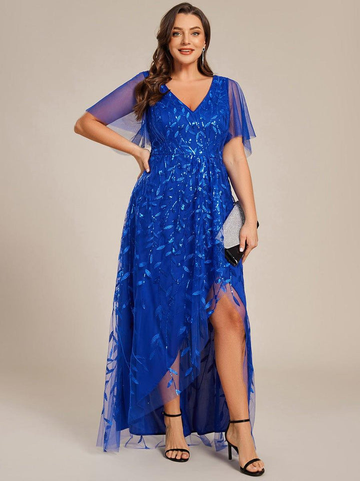 ever ALIX|Short Sleeves Sequin High Low V-Neck Midi Formal Wedding Guest Dress