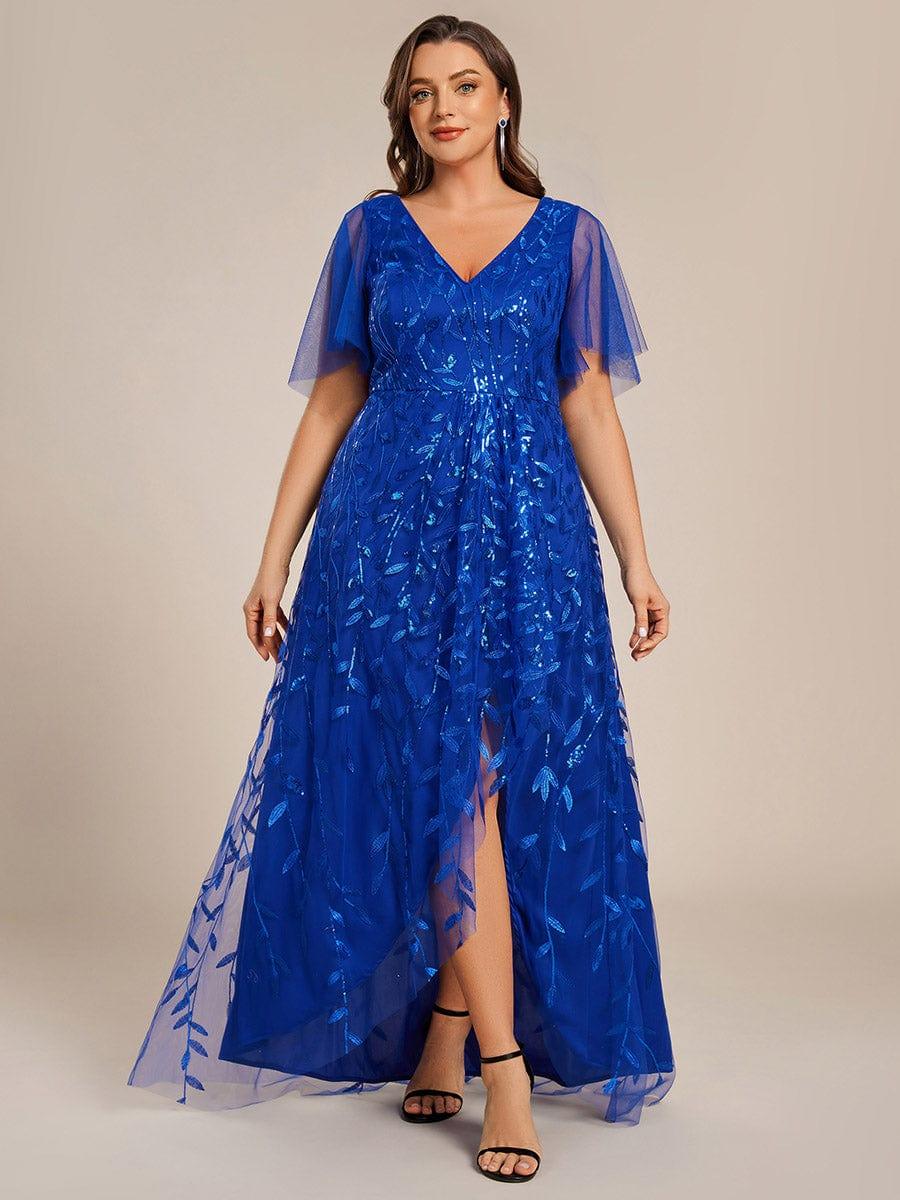 ever ALIX|Short Sleeves Sequin High Low V-Neck Midi Formal Wedding Guest Dress