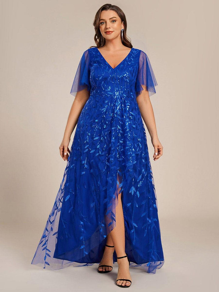 ever ALIX|Short Sleeves Sequin High Low V-Neck Midi Formal Wedding Guest Dress