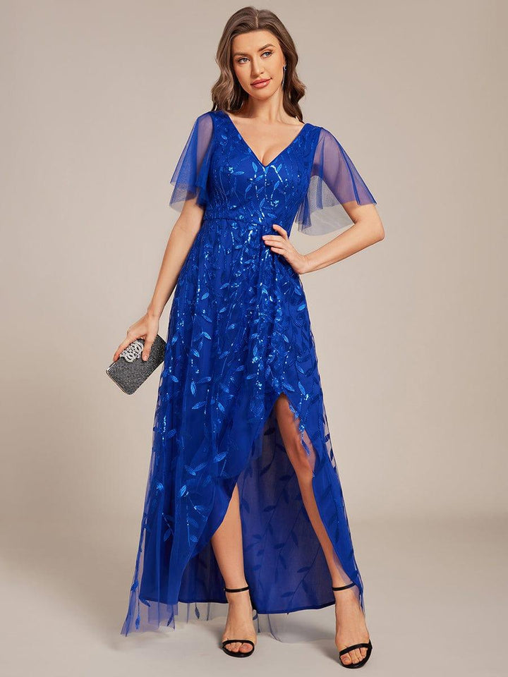 ever ALIX|Short Sleeves Sequin High Low V-Neck Midi Formal Wedding Guest Dress
