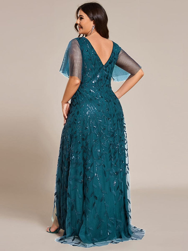 ever ALIX|Short Sleeves Sequin High Low V-Neck Midi Formal Wedding Guest Dress