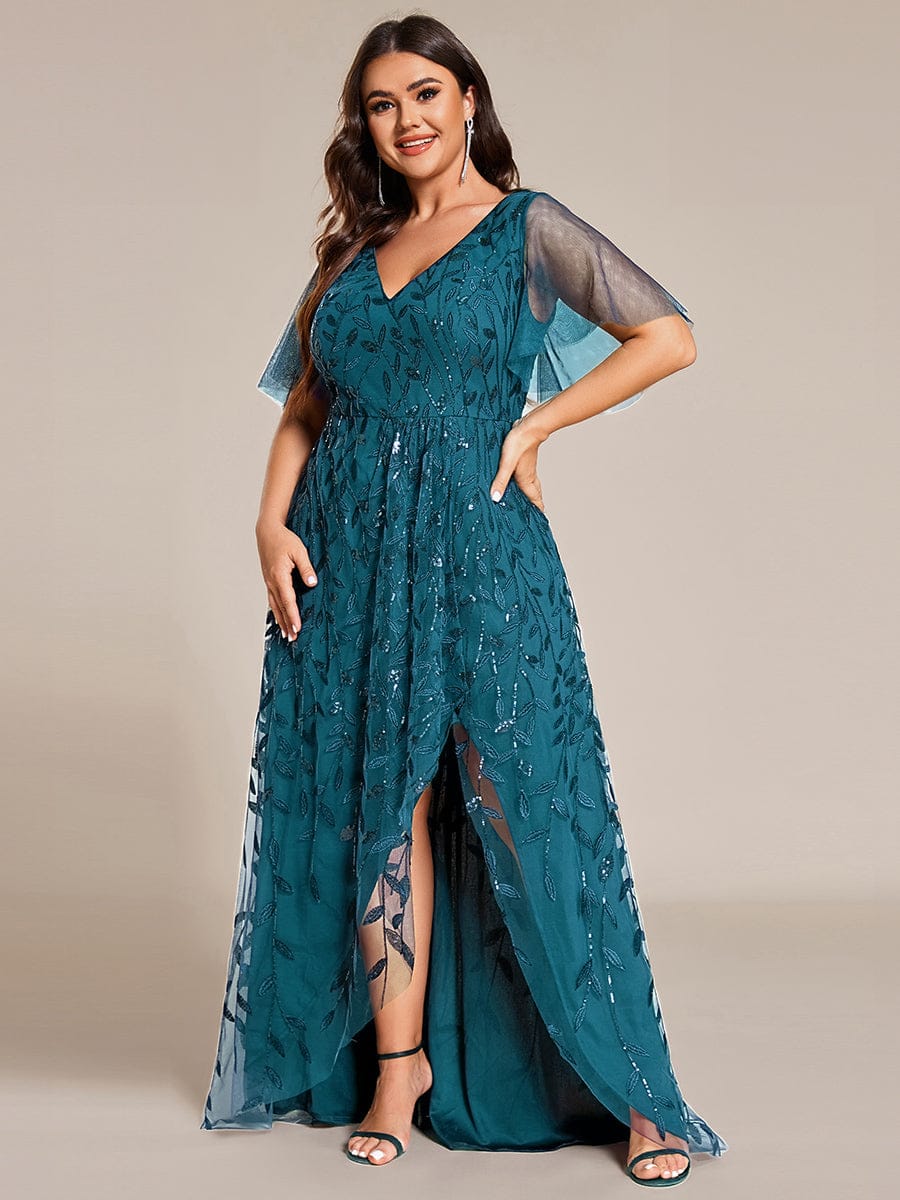 ever ALIX|Short Sleeves Sequin High Low V-Neck Midi Formal Wedding Guest Dress