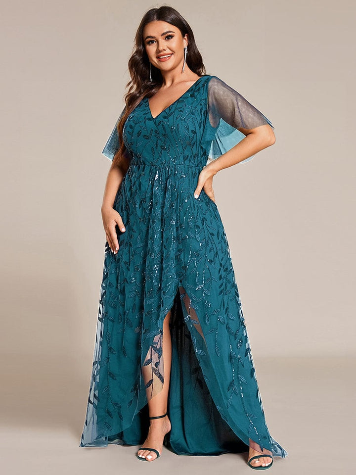 ever ALIX|Short Sleeves Sequin High Low V-Neck Midi Formal Wedding Guest Dress