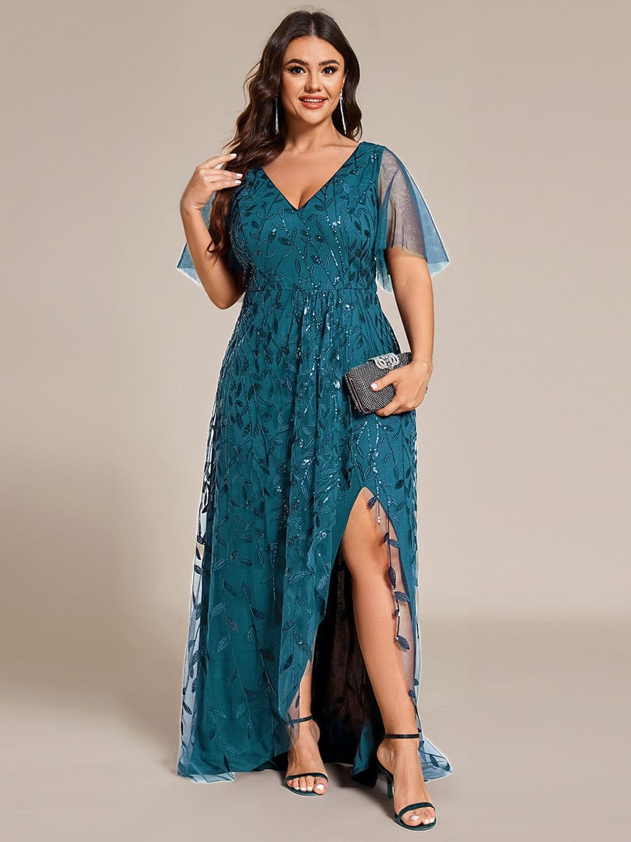ever ALIX|Short Sleeves Sequin High Low V-Neck Midi Formal Wedding Guest Dress