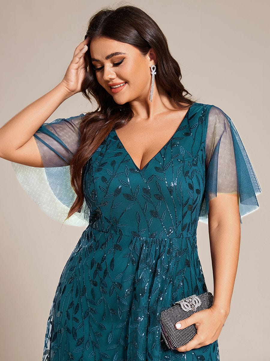 ever ALIX|Short Sleeves Sequin High Low V-Neck Midi Formal Wedding Guest Dress