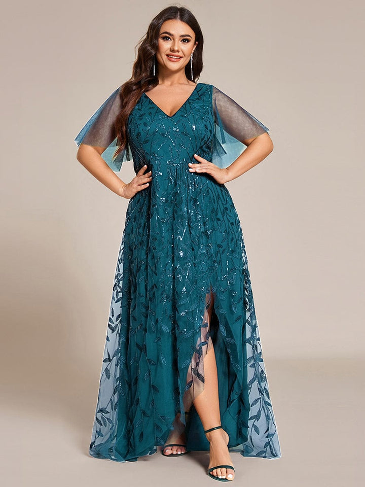 ever ALIX|Short Sleeves Sequin High Low V-Neck Midi Formal Wedding Guest Dress