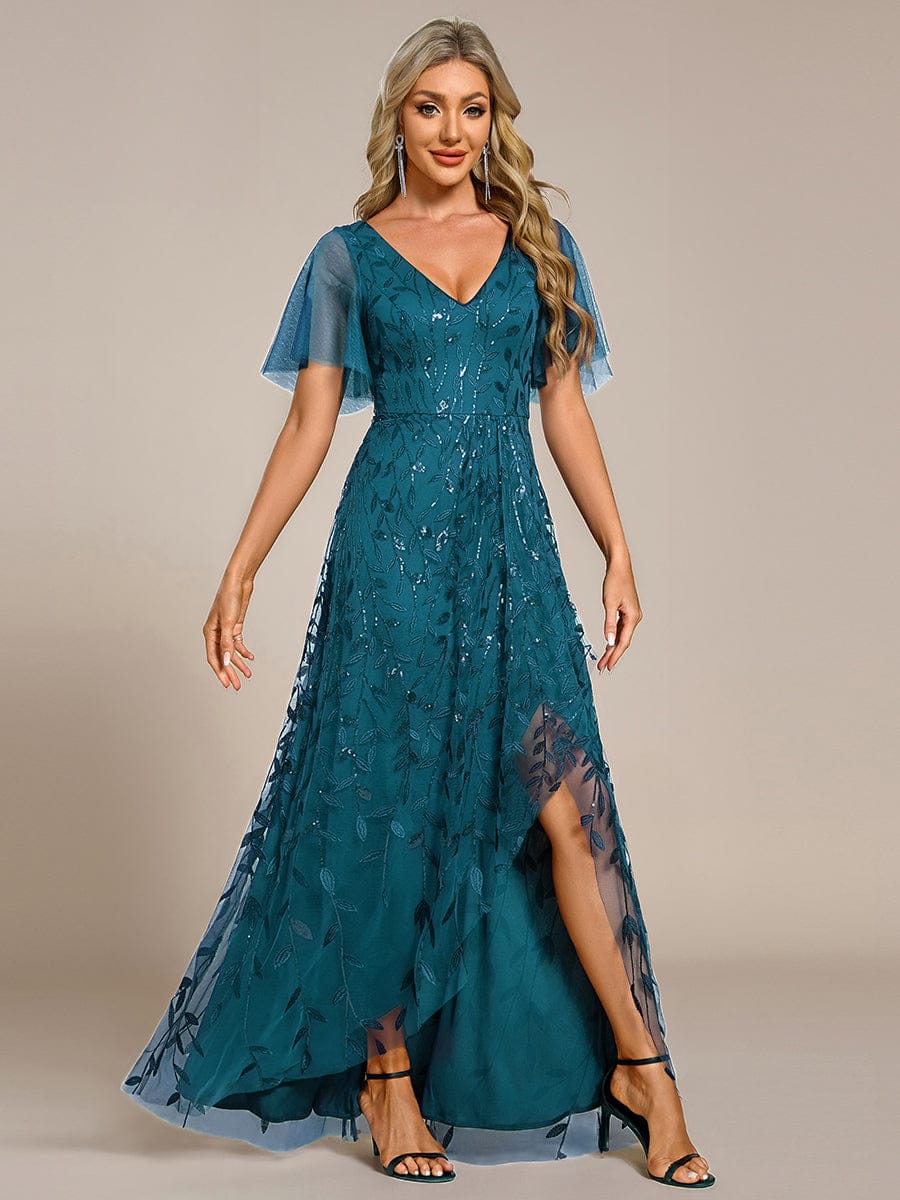 ever ALIX|Short Sleeves Sequin High Low V-Neck Midi Formal Wedding Guest Dress