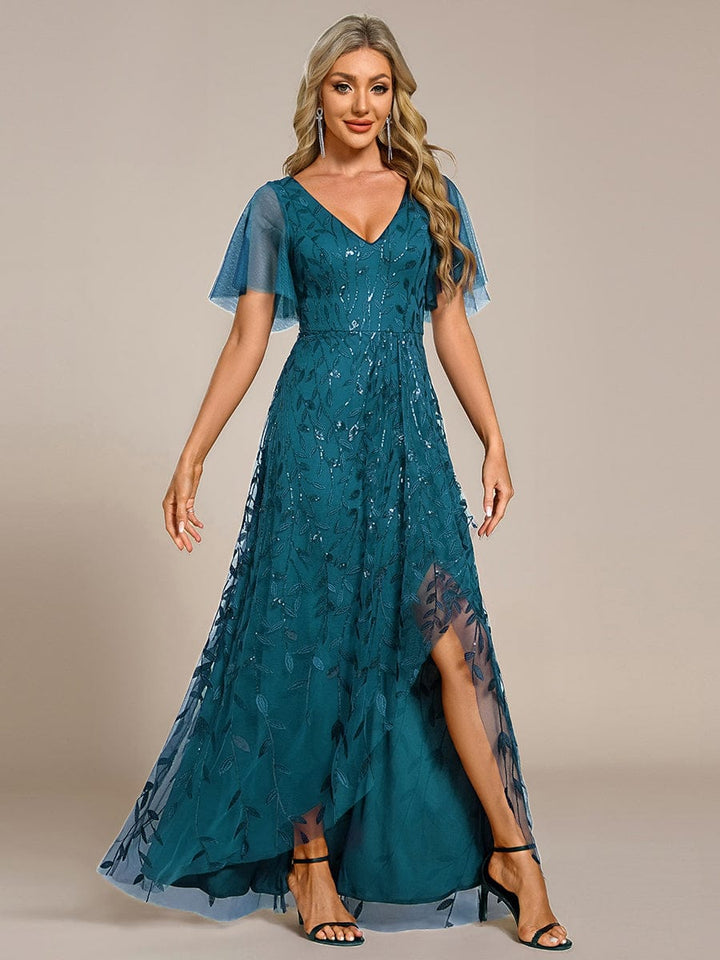 ever ALIX|Short Sleeves Sequin High Low V-Neck Midi Formal Wedding Guest Dress