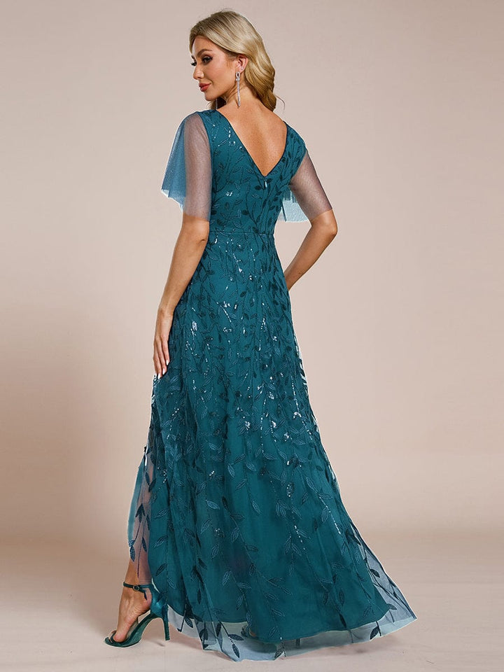ever ALIX|Short Sleeves Sequin High Low V-Neck Midi Formal Wedding Guest Dress