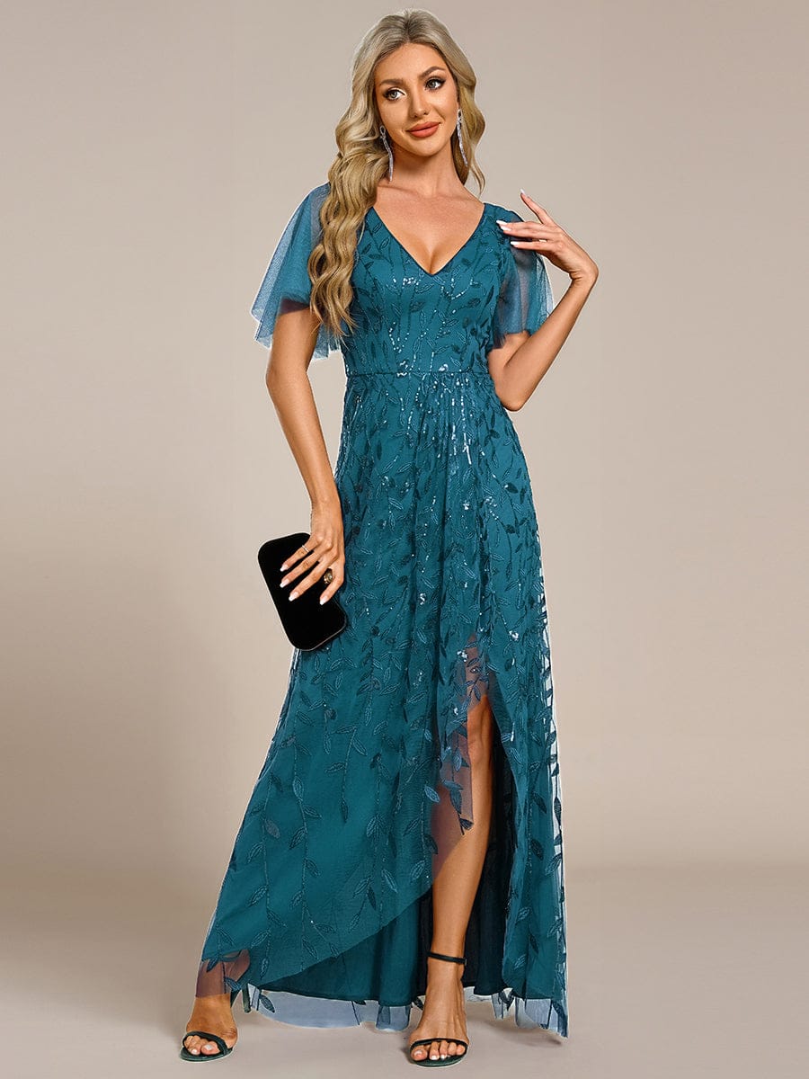 ever ALIX|Short Sleeves Sequin High Low V-Neck Midi Formal Wedding Guest Dress