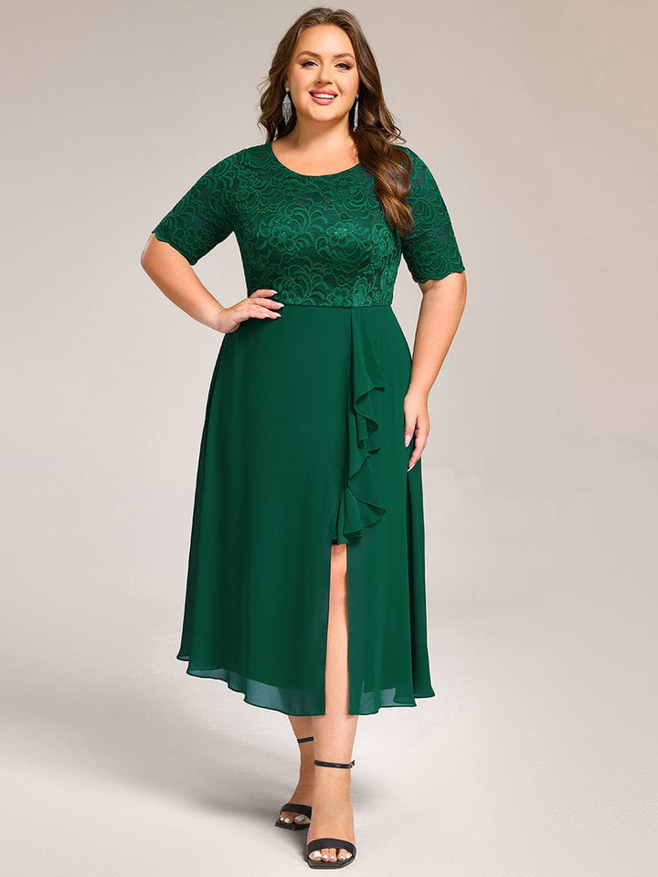 pretty NYLA|Plus Size Lace Top Short Sleeve A-Line Split Round Neck Formal Dress