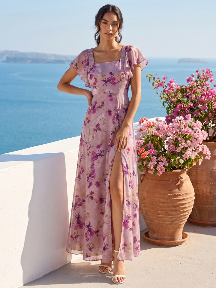 ever WISTERIA|Floral Print Flutter Sleeve Side Split Maxi Formal Dress