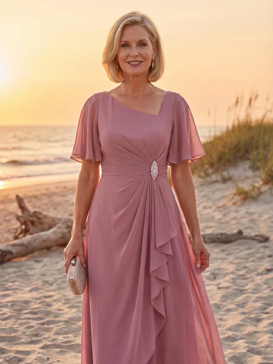 ever LILOU| Pleated Chiffon Ruffle Sleeve Wedding Guest Dress