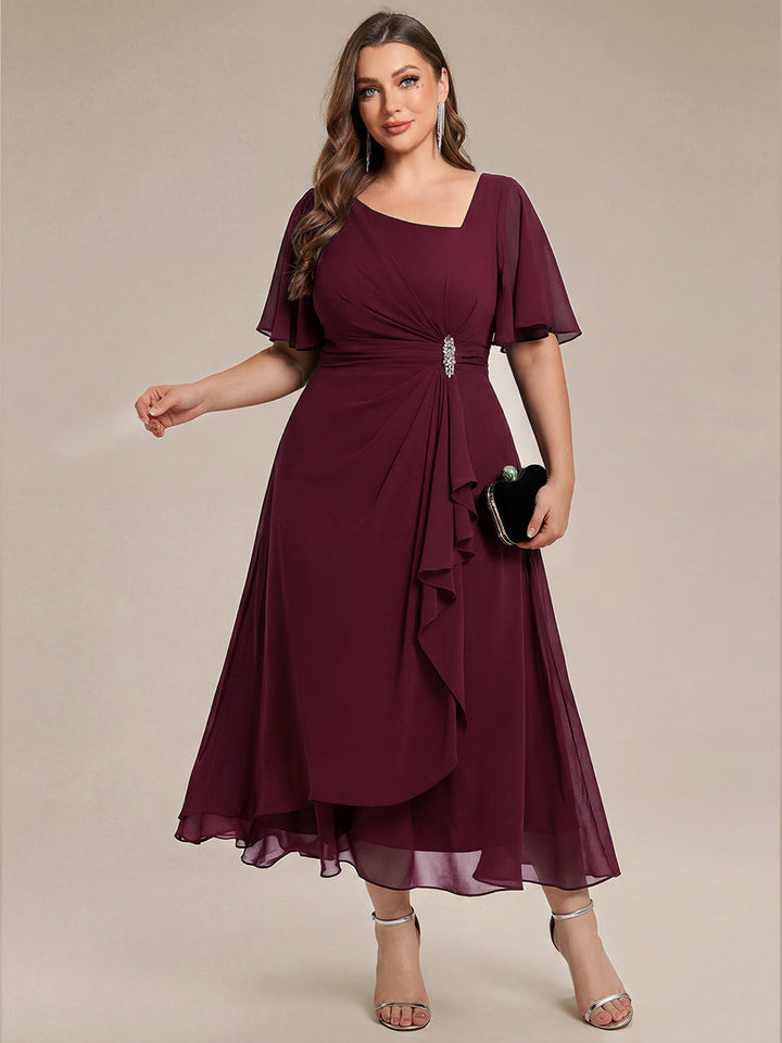 pretty LILOU| Plus Size Pleated Chiffon Ruffle Sleeve Wedding Guest Dress