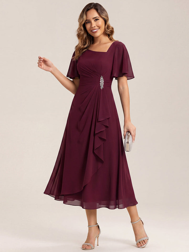 ever LILOU| Pleated Chiffon Ruffle Sleeve Wedding Guest Dress