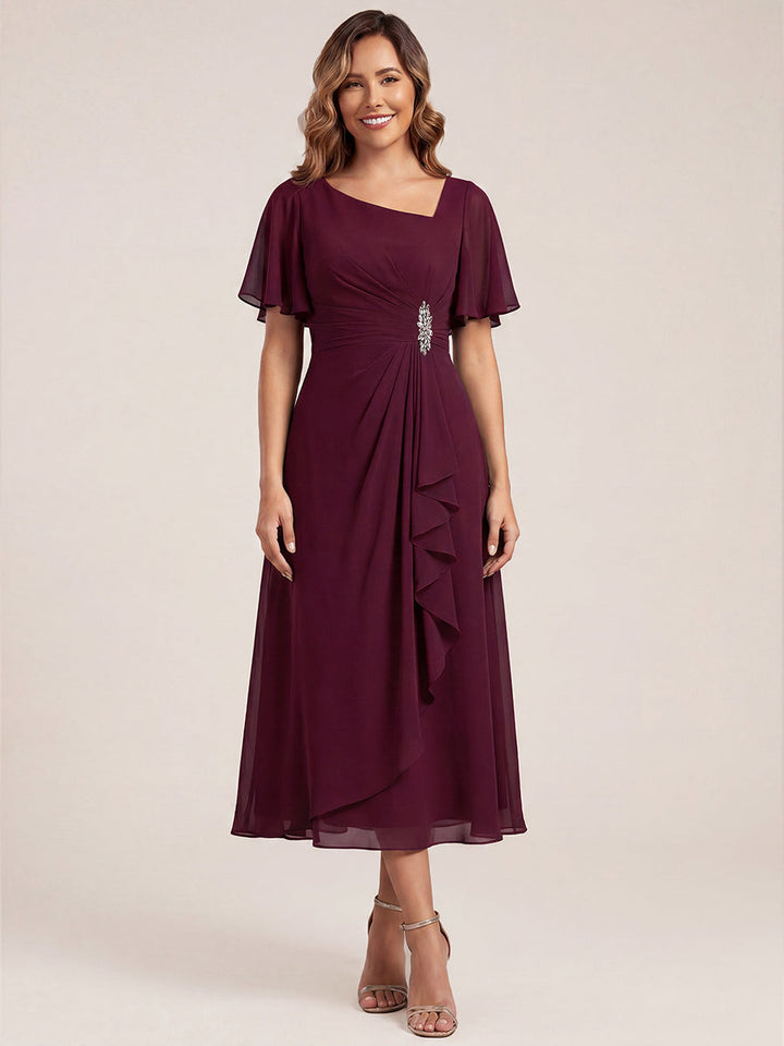 ever LILOU| Pleated Chiffon Ruffle Sleeve Wedding Guest Dress