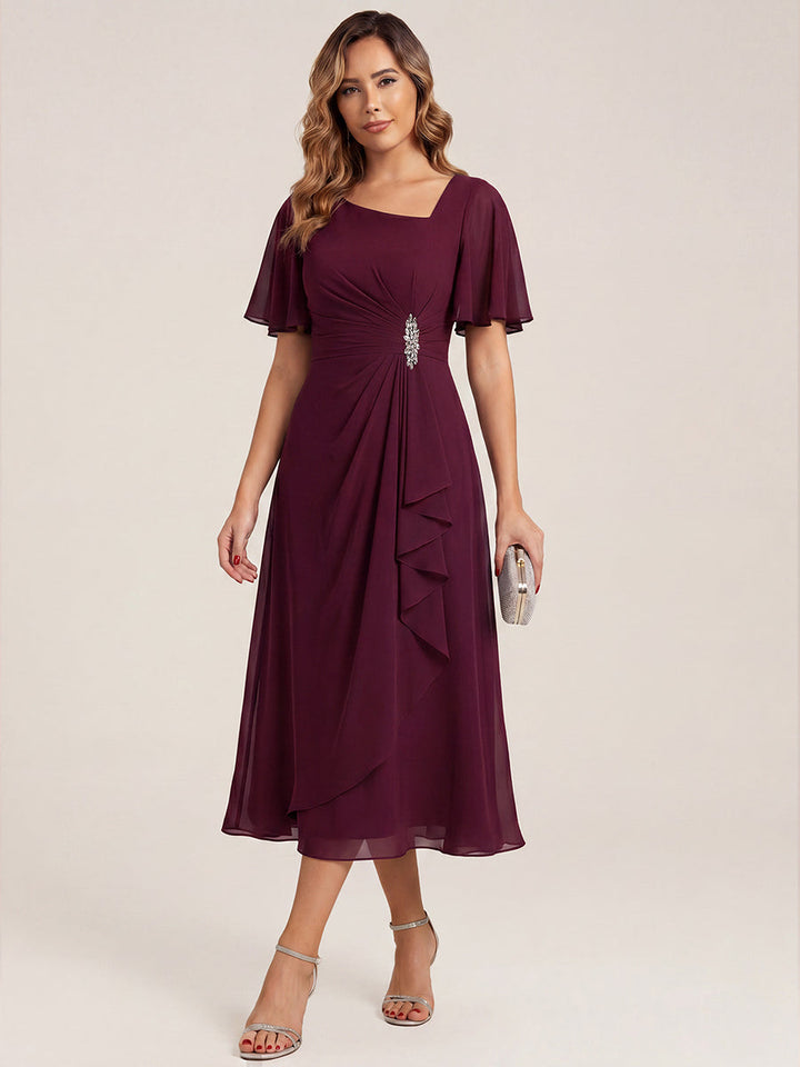 ever LILOU| Pleated Chiffon Ruffle Sleeve Wedding Guest Dress