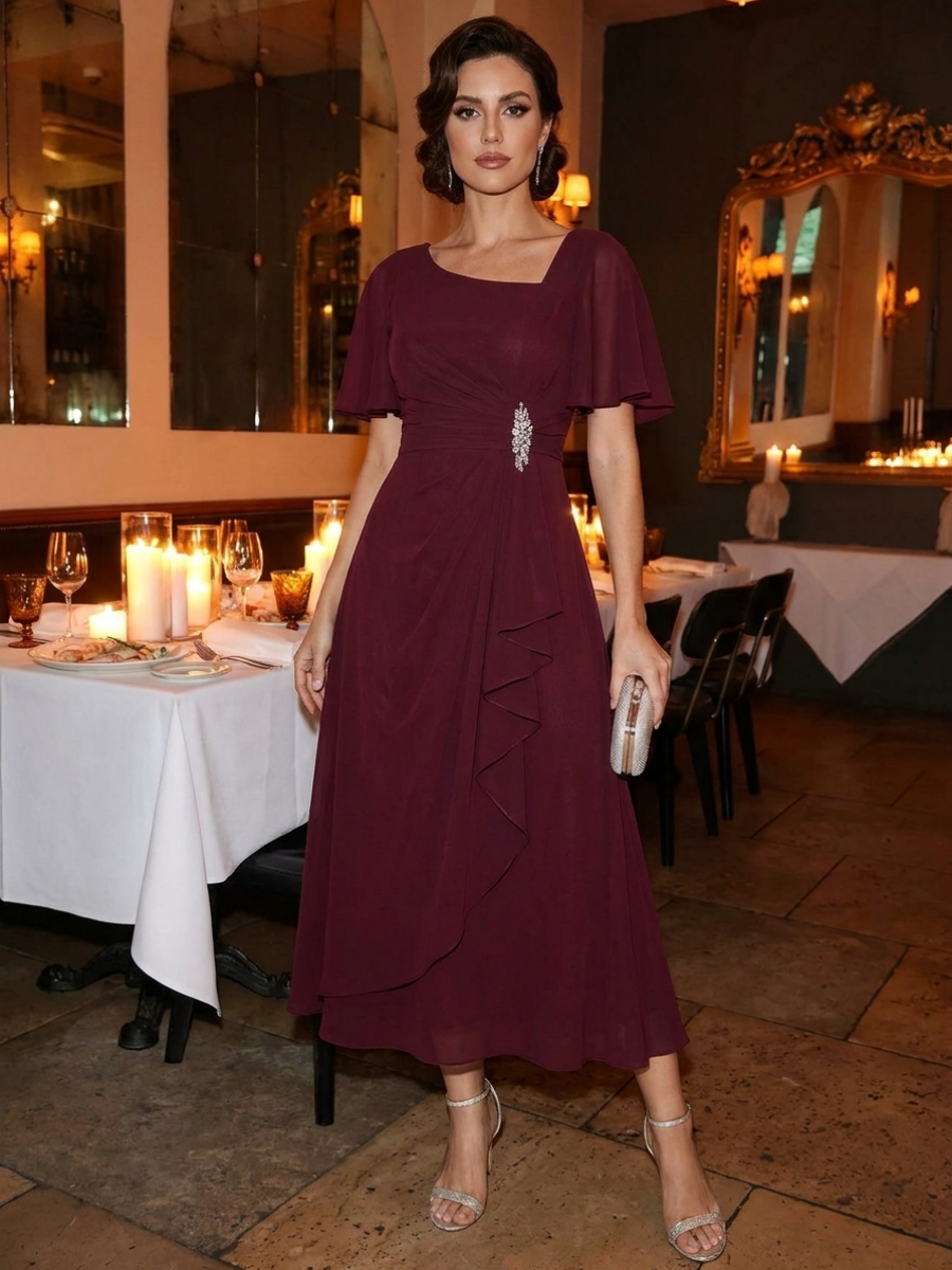 ever LILOU| Pleated Chiffon Ruffle Sleeve Wedding Guest Dress