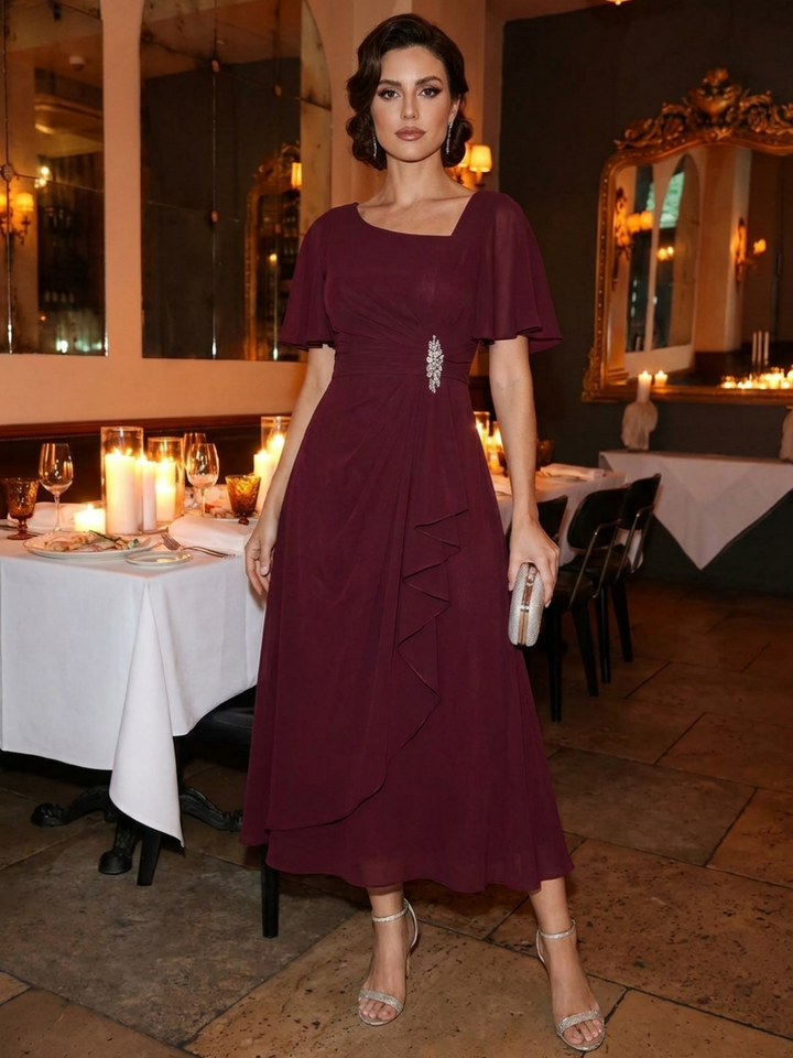 ever LILOU| Pleated Chiffon Ruffle Sleeve Wedding Guest Dress