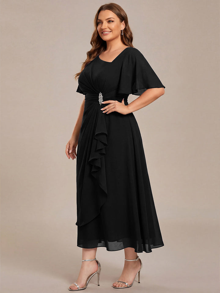 ever LILOU| Pleated Chiffon Ruffle Sleeve Wedding Guest Dress