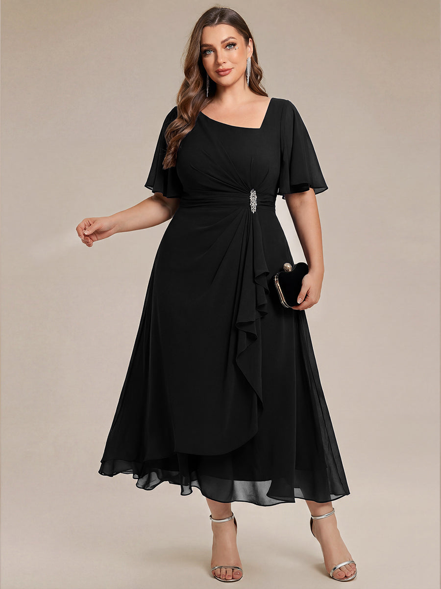 pretty LILOU| Plus Size Pleated Chiffon Ruffle Sleeve Wedding Guest Dress