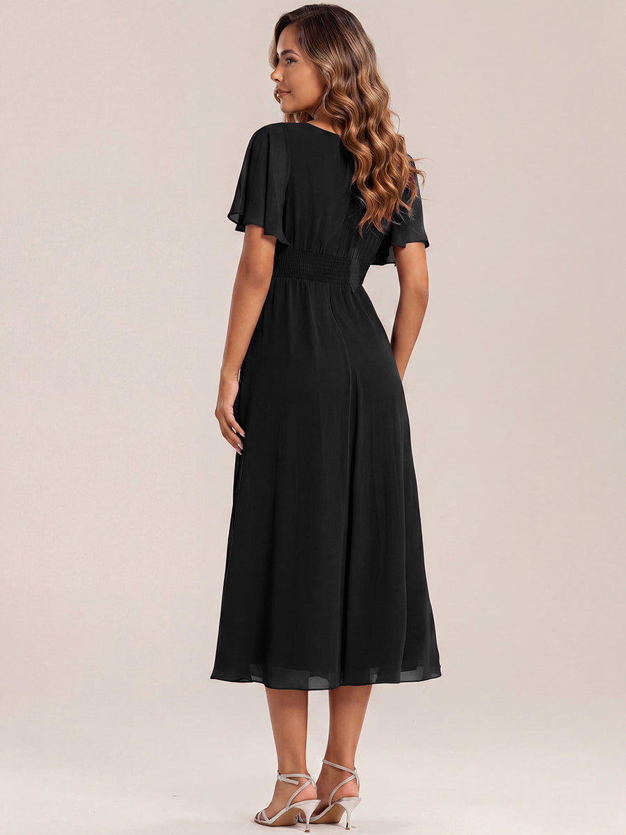 ever LILOU| Pleated Chiffon Ruffle Sleeve Wedding Guest Dress