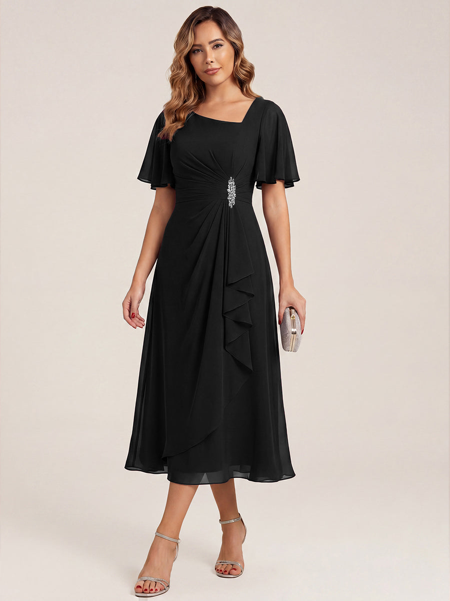 ever LILOU| Pleated Chiffon Ruffle Sleeve Wedding Guest Dress