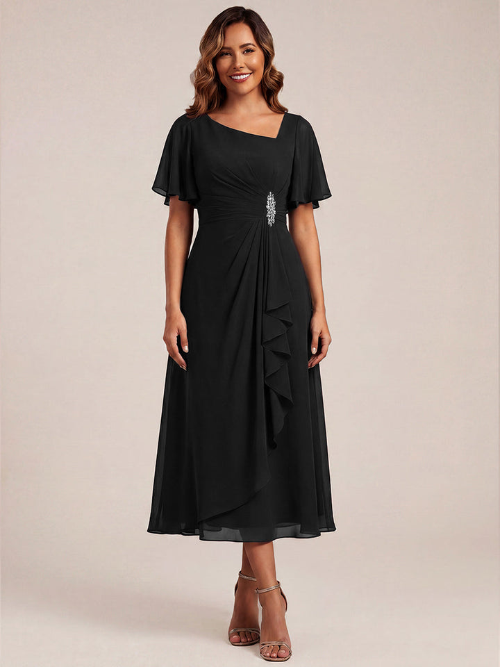 ever LILOU| Pleated Chiffon Ruffle Sleeve Wedding Guest Dress