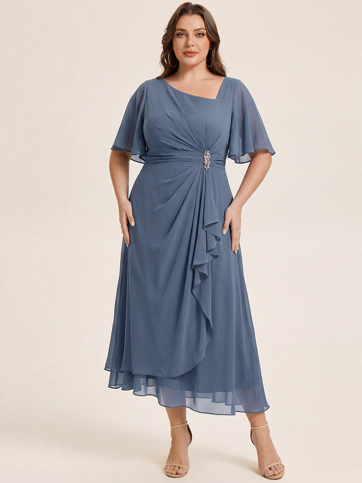 pretty LILOU| Plus Size Pleated Chiffon Ruffle Sleeve Wedding Guest Dress