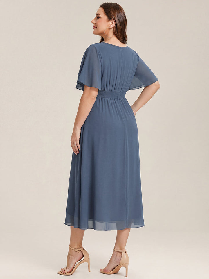 pretty LILOU| Plus Size Pleated Chiffon Ruffle Sleeve Wedding Guest Dress