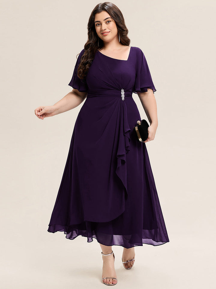 pretty LILOU| Plus Size Pleated Chiffon Ruffle Sleeve Wedding Guest Dress