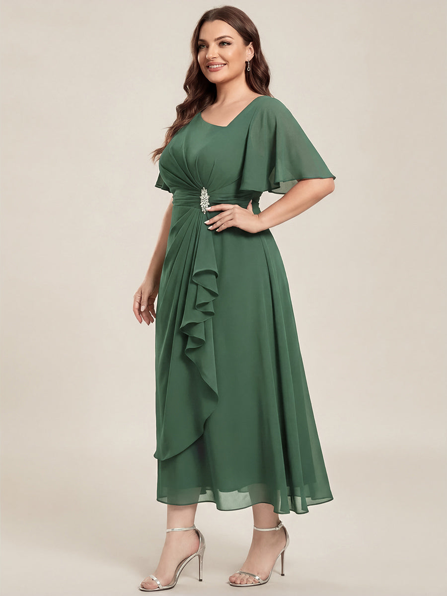 pretty LILOU| Plus Size Pleated Chiffon Ruffle Sleeve Wedding Guest Dress