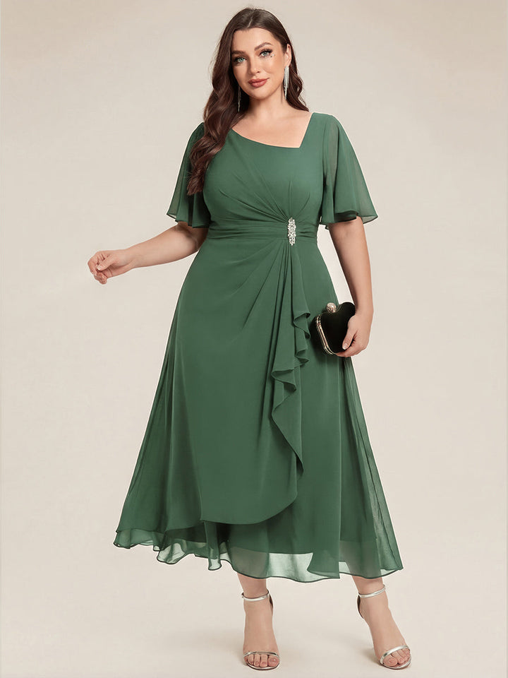 pretty LILOU| Plus Size Pleated Chiffon Ruffle Sleeve Wedding Guest Dress