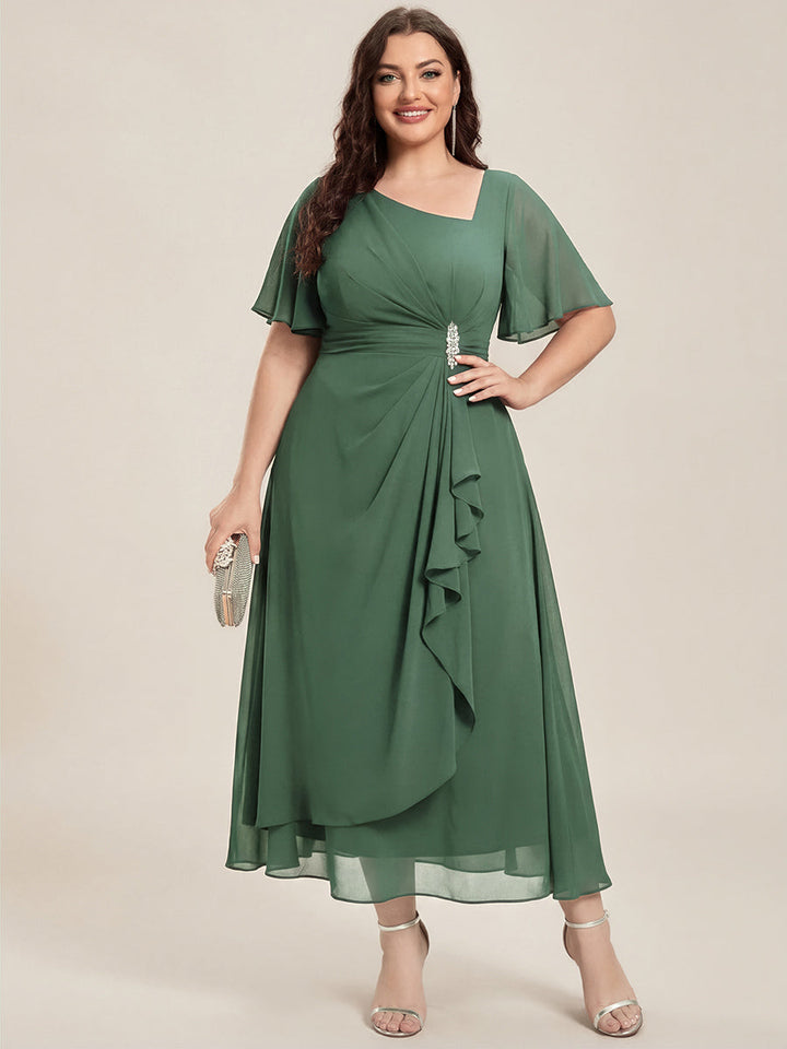 pretty LILOU| Plus Size Pleated Chiffon Ruffle Sleeve Wedding Guest Dress
