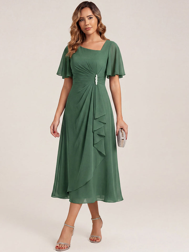 ever LILOU| Pleated Chiffon Ruffle Sleeve Wedding Guest Dress